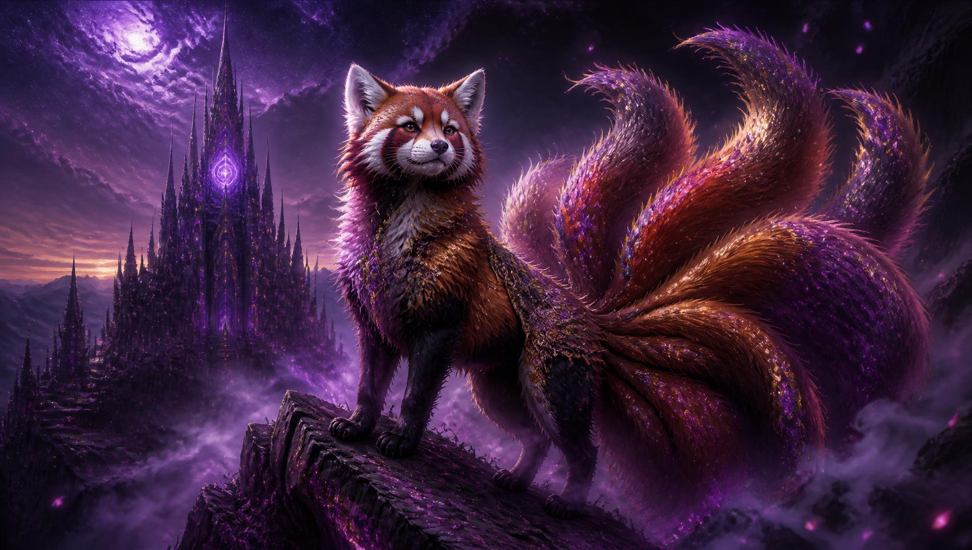 Mystical nine-tailed fox before a glowing purple rune portal and gothic castle spires